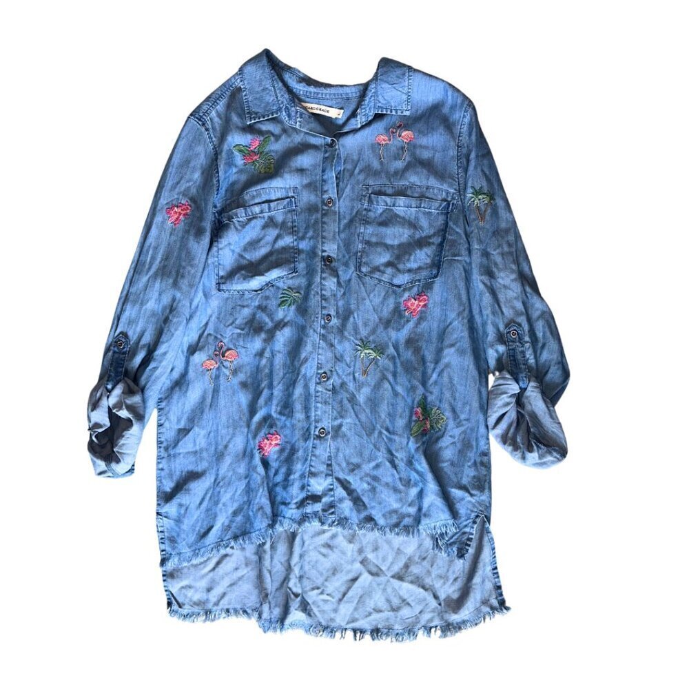 Standard Grace Large Denim Tunic Top Flamingo Floral Embroidered Long y2k 90s